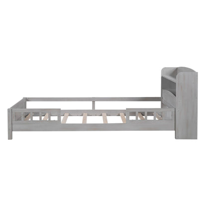 Wood Twin Size Platform Bed with Built-in LED Light, Storage Headboard and Guardrail, Antique Grey image 14