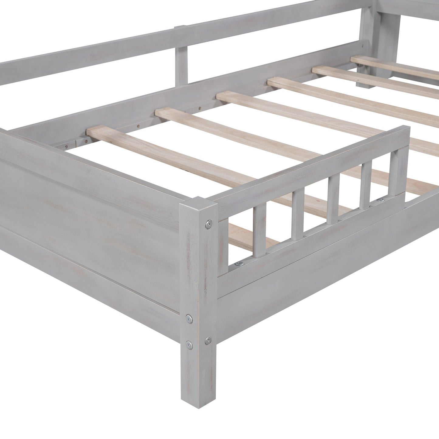 Wood Twin Size Platform Bed with Built-in LED Light, Storage Headboard and Guardrail, Antique Grey image 13