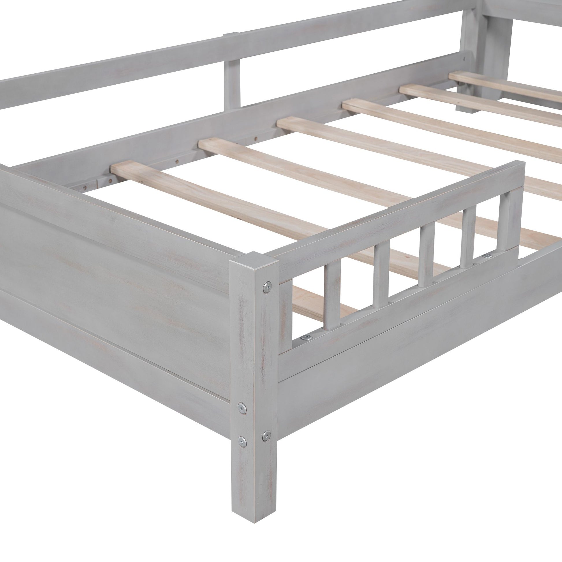 Wood Twin Size Platform Bed with Built-in LED Light, Storage Headboard and Guardrail, Antique Grey image 13
