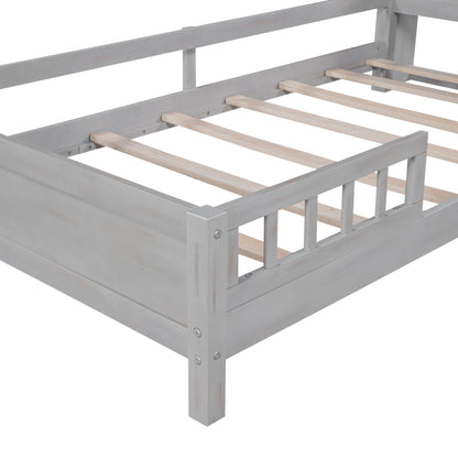 Wood Twin Size Platform Bed with Built-in LED Light, Storage Headboard and Guardrail, Antique Grey image 13