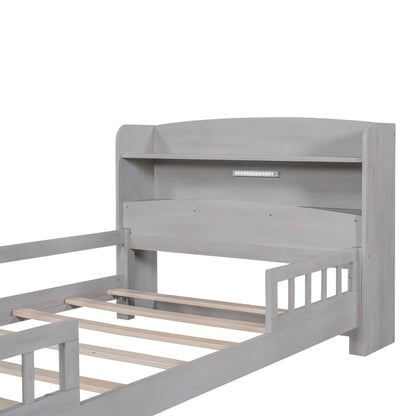 Wood Twin Size Platform Bed with Built-in LED Light, Storage Headboard and Guardrail, Antique Grey image 11