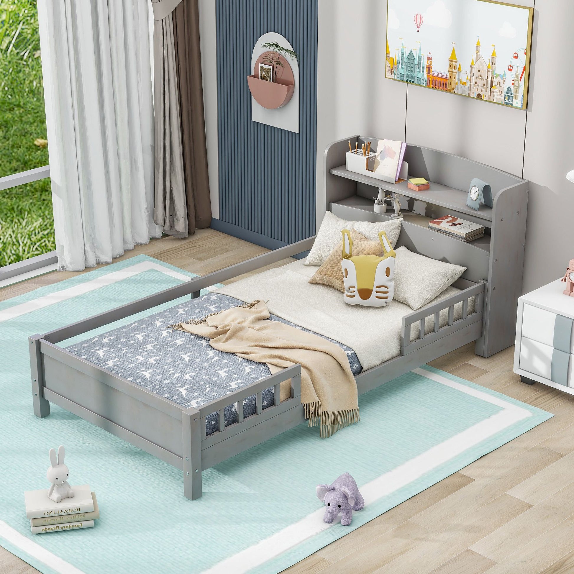 Wood Twin Size Platform Bed with Built-in LED Light, Storage Headboard and Guardrail, Antique Grey image 1