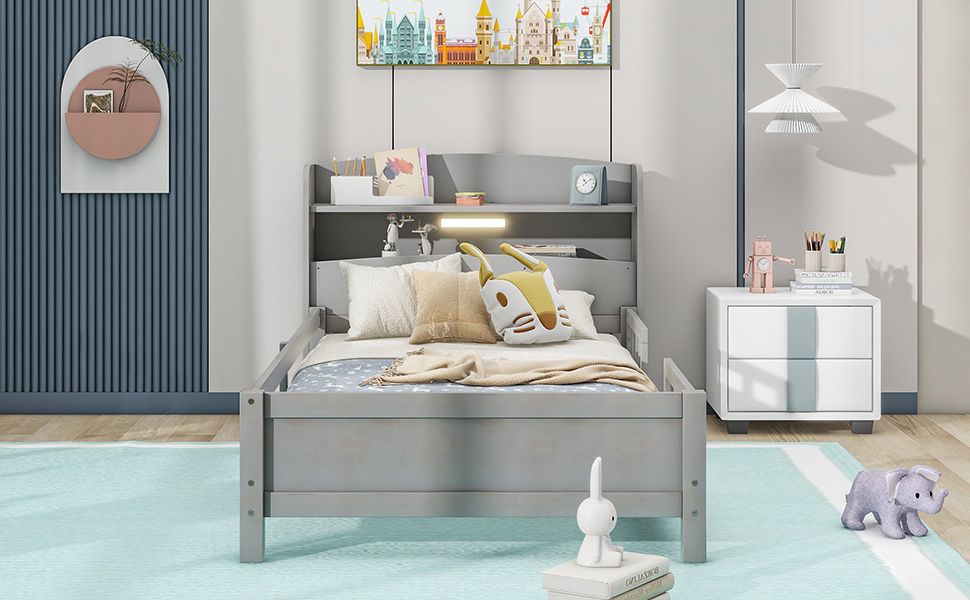 Wood Twin Size Platform Bed with Built-in LED Light, Storage Headboard and Guardrail, Antique Grey image 6