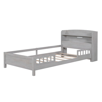 Wood Twin Size Platform Bed with Built-in LED Light, Storage Headboard and Guardrail, Antique Grey image 15
