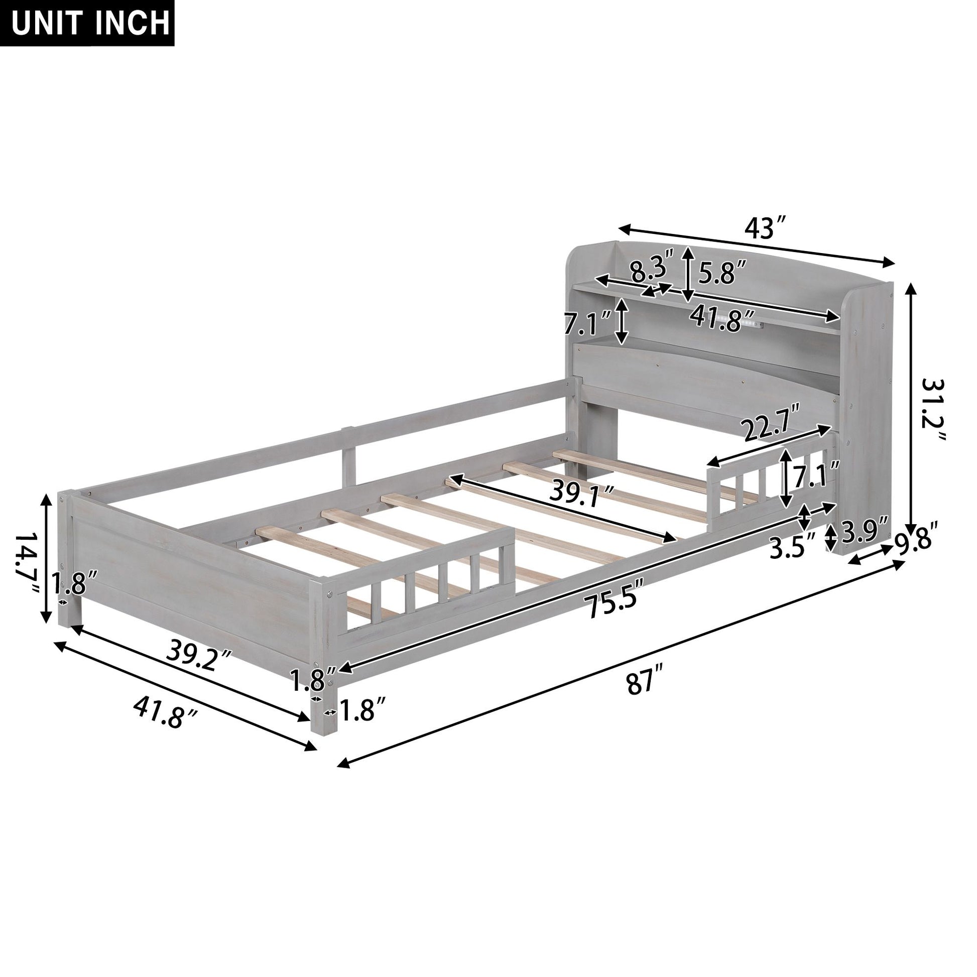 Wood Twin Size Platform Bed with Built-in LED Light, Storage Headboard and Guardrail, Antique Grey image 7
