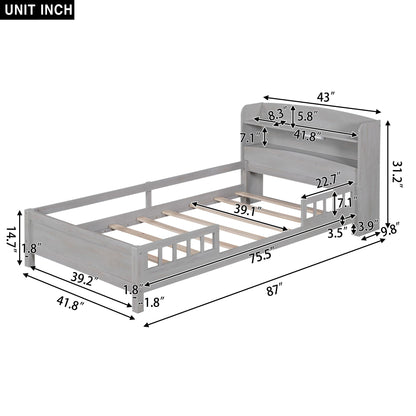 Wood Twin Size Platform Bed with Built-in LED Light, Storage Headboard and Guardrail, Antique Grey image 7