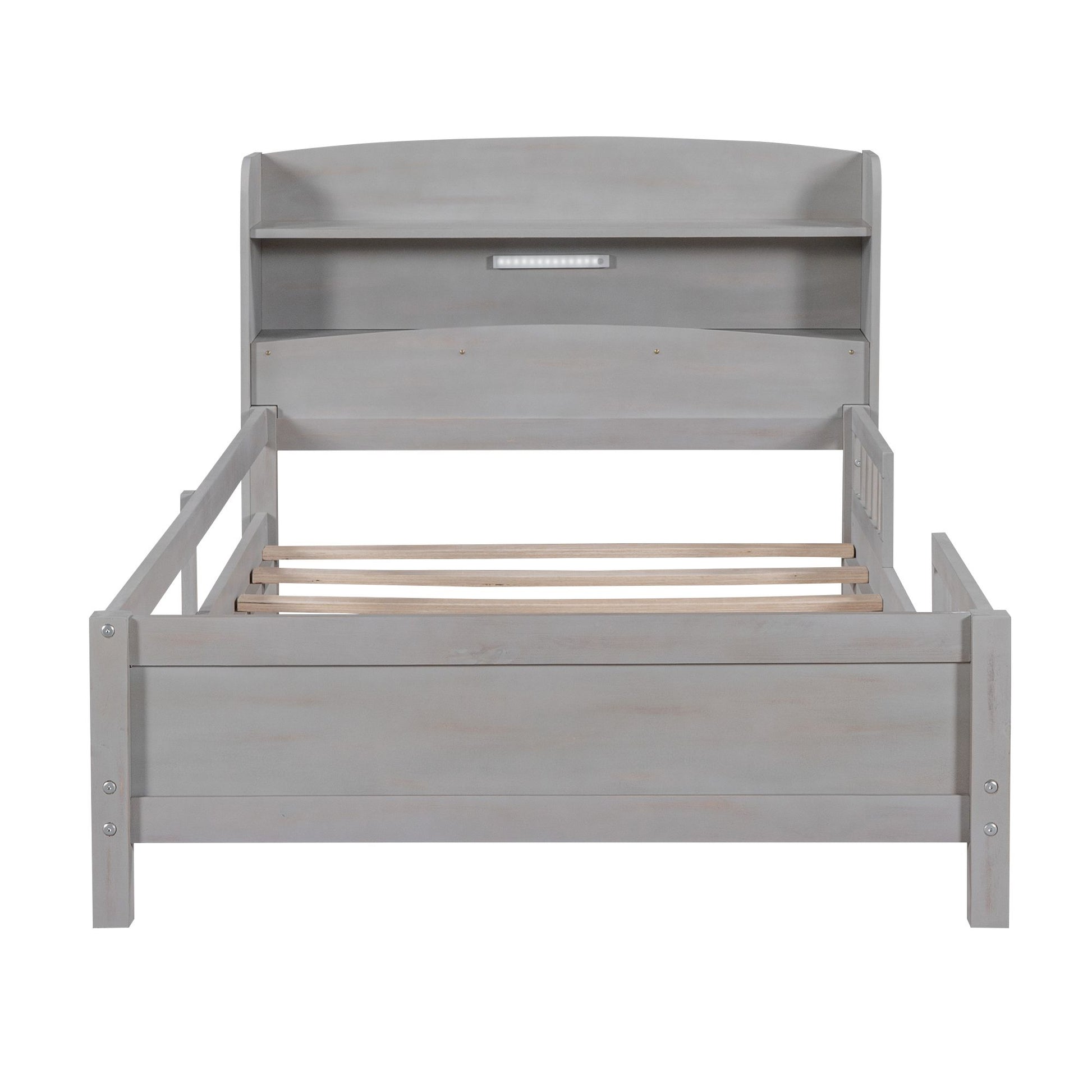 Wood Twin Size Platform Bed with Built-in LED Light, Storage Headboard and Guardrail, Antique Grey image 10