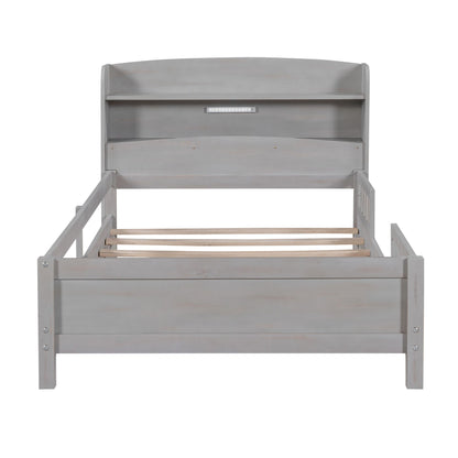 Wood Twin Size Platform Bed with Built-in LED Light, Storage Headboard and Guardrail, Antique Grey image 10