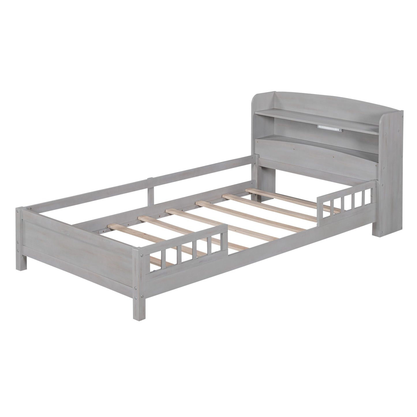 Wood Twin Size Platform Bed with Built-in LED Light, Storage Headboard and Guardrail, Antique Grey image 9