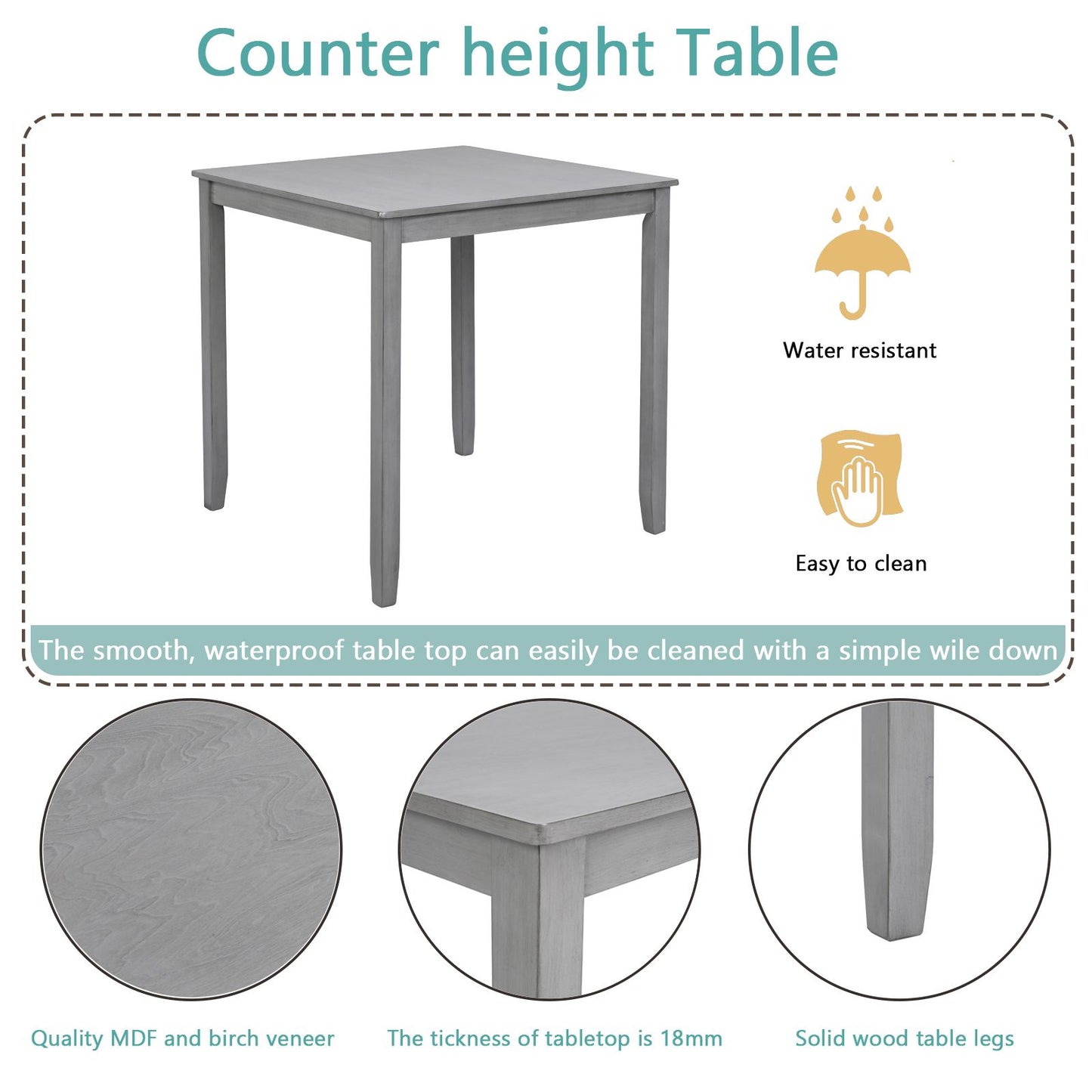 Wooden Dining Square Table, Kitchen Table for Small Space, 4 Person Counter Height Table, Gray,
ONLY THE TABLE image 4