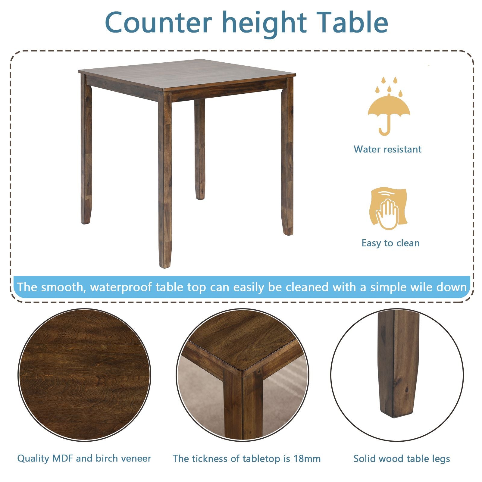 Wooden Dining Square Table, Kitchen Table for Small Space, 4 Person Counter Height Table, Walnut
ONLY THE TABLE image 4