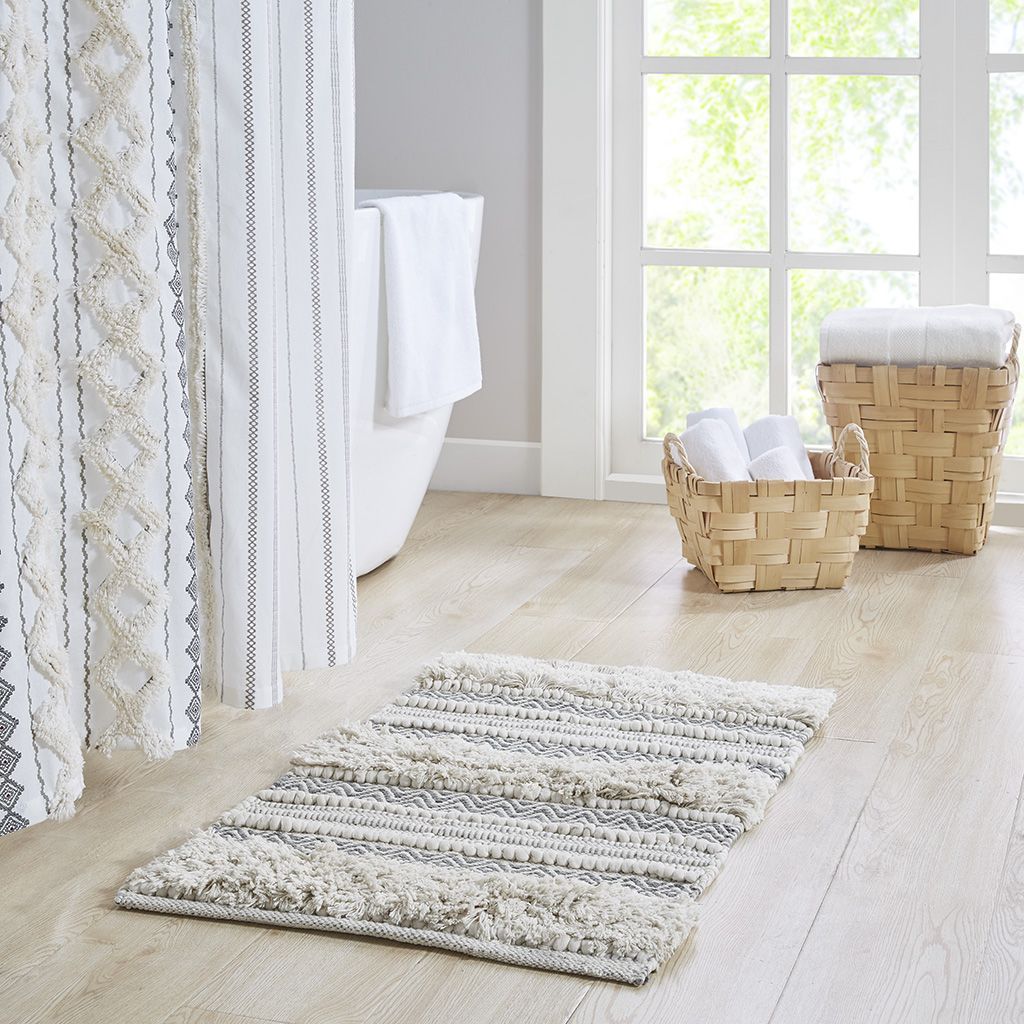 Woven Texture Stripe Bath Rug Grey 20x32" image 1