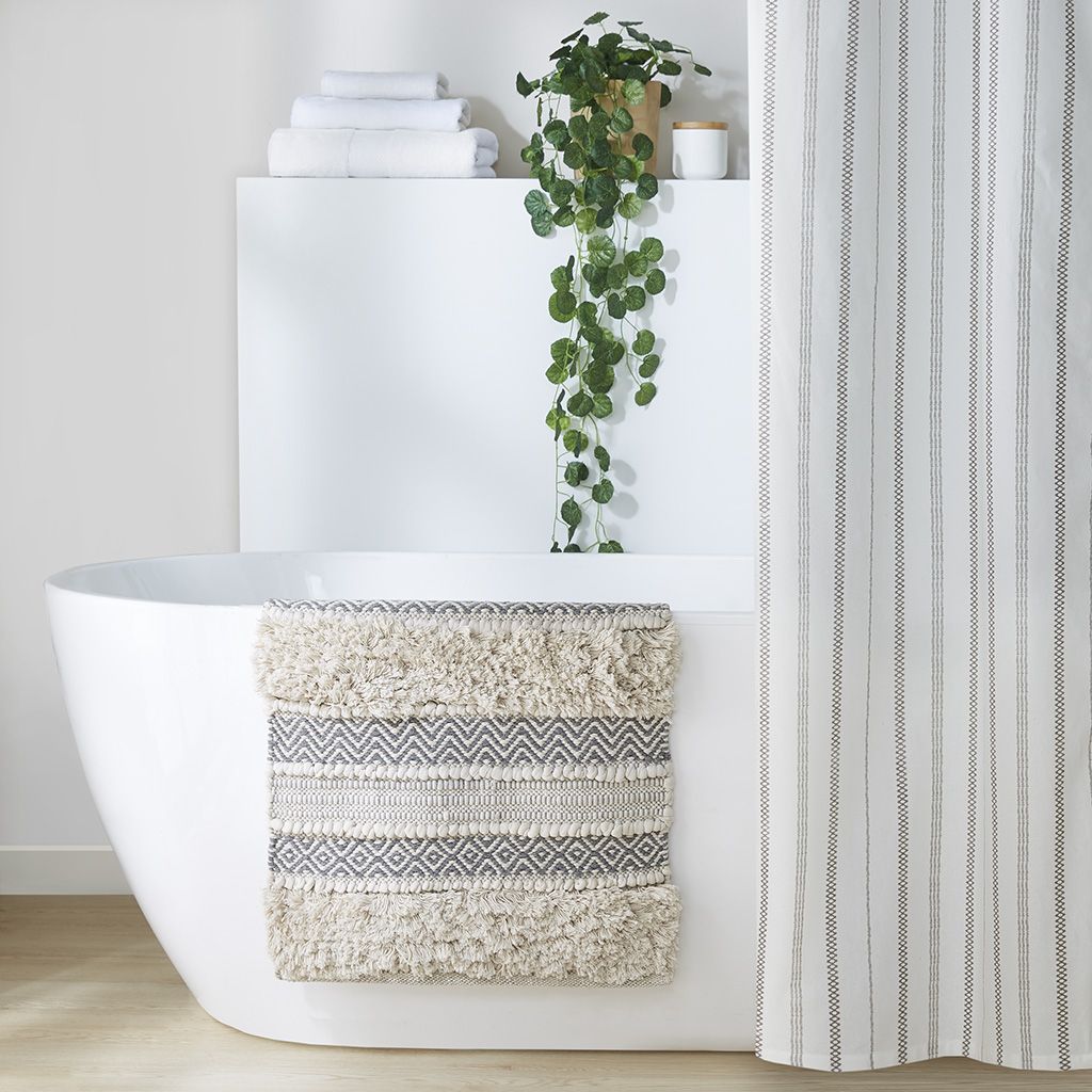 Woven Texture Stripe Bath Rug Grey 20x32" image 5