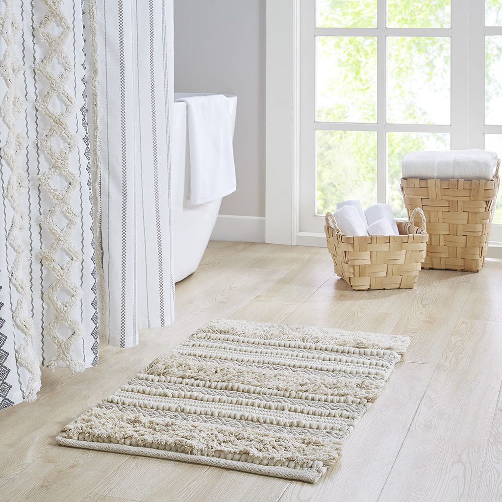 Woven Texture Stripe Bath Rug Natural 20x32" image 1