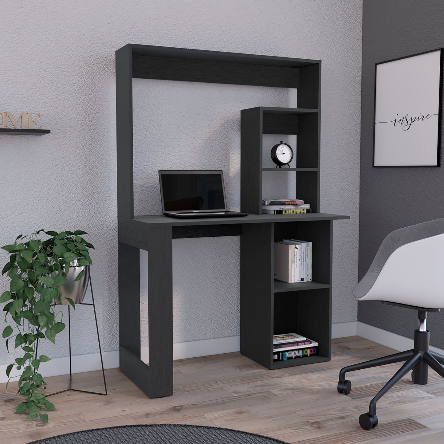 Writing Computer Desk with Storage Shelves and Hutch, Black image 1