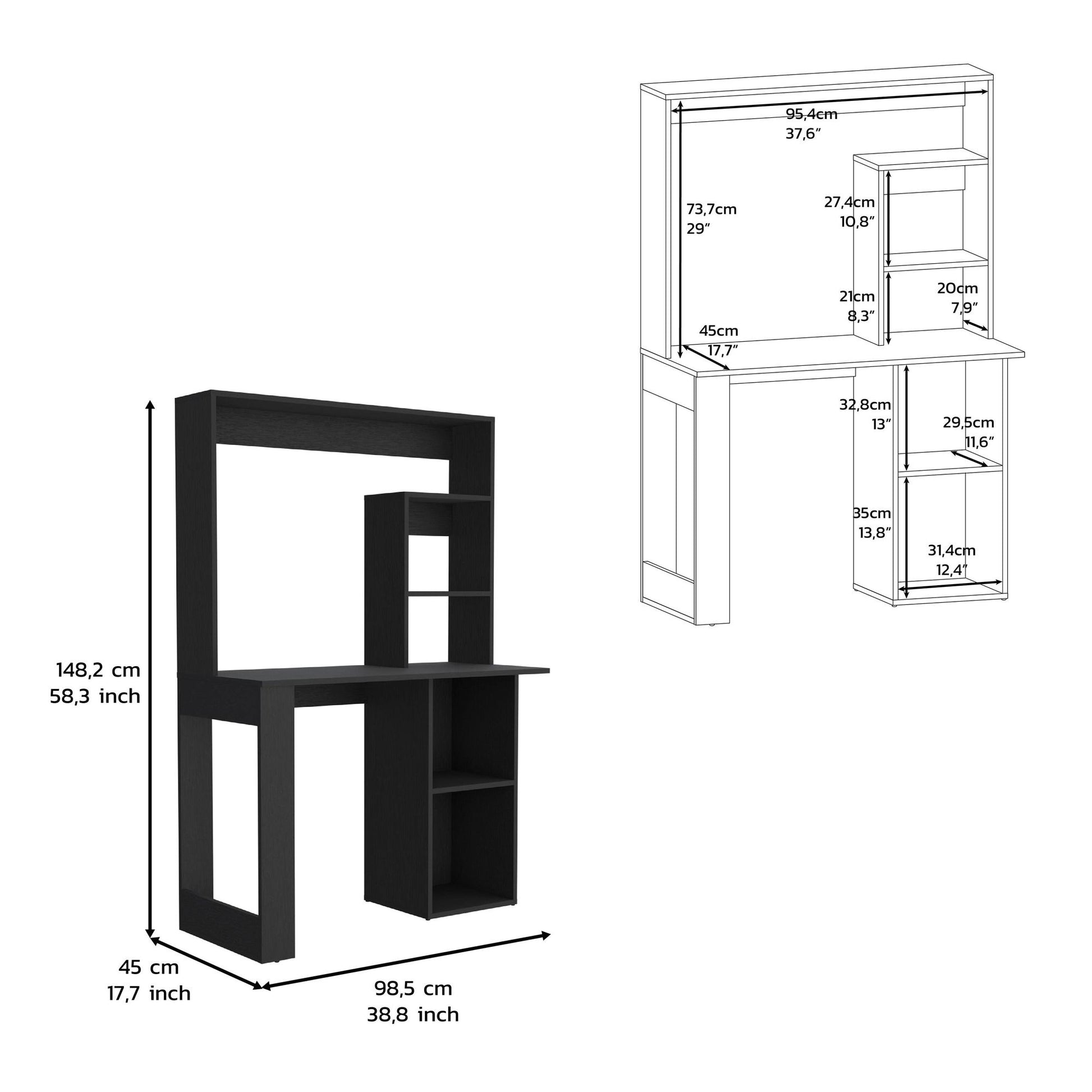 Writing Computer Desk with Storage Shelves and Hutch, Black image 6
