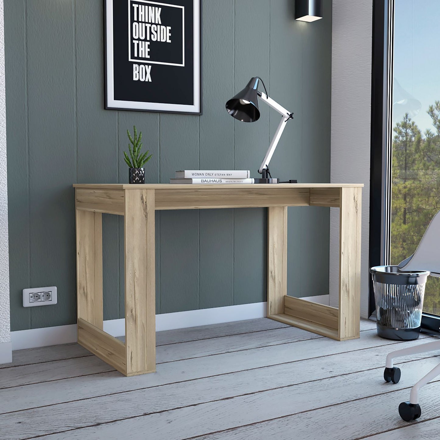 Writing Desk with Ample Workstation and Sturdy Legs, Light Oak image 1