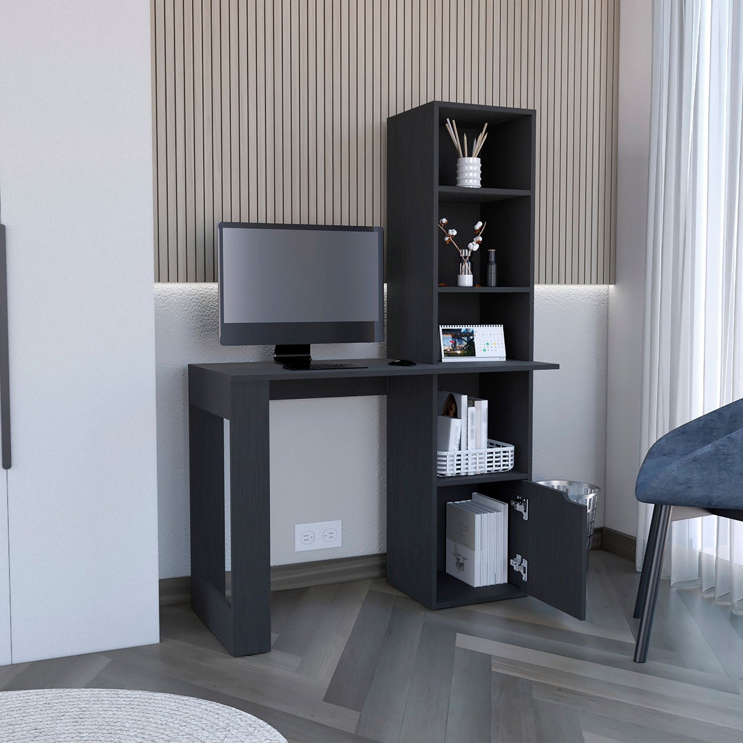 Writing Desk With Bookcase and Cabinet, Black image 2