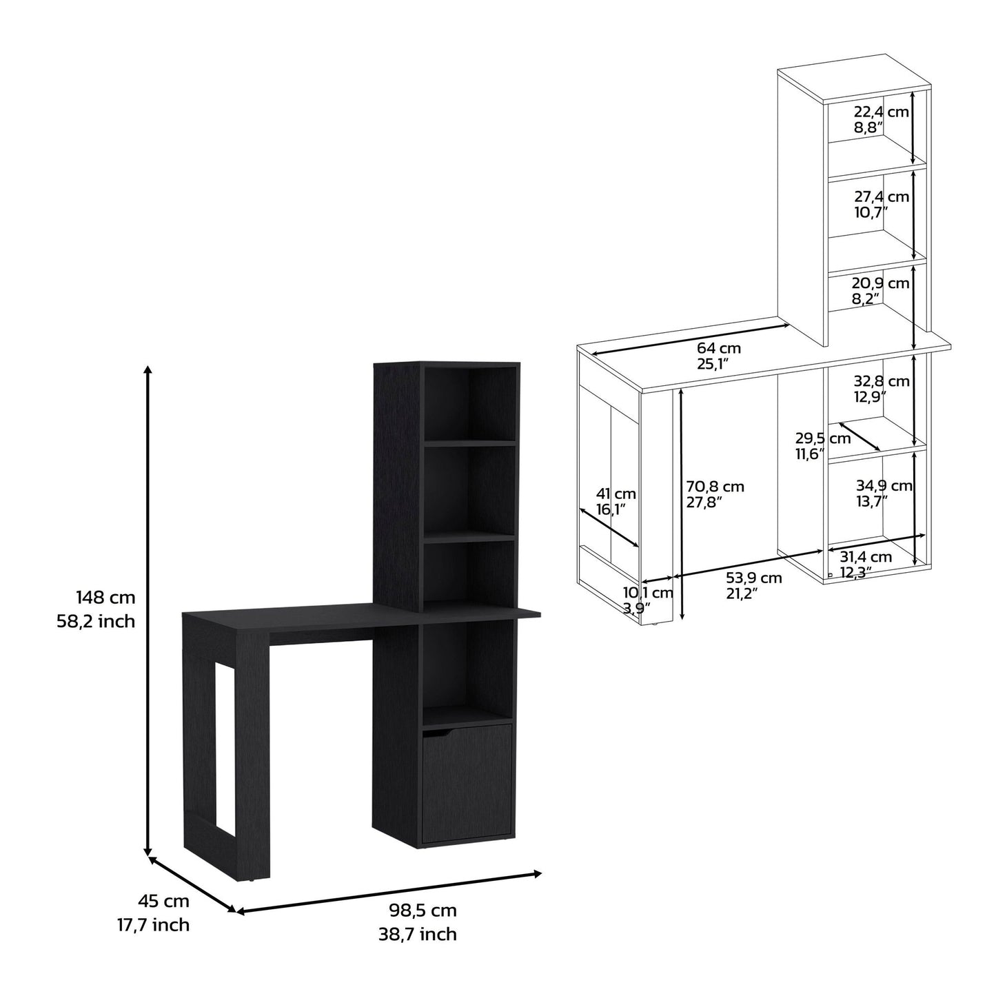 Writing Desk With Bookcase and Cabinet, Black image 6