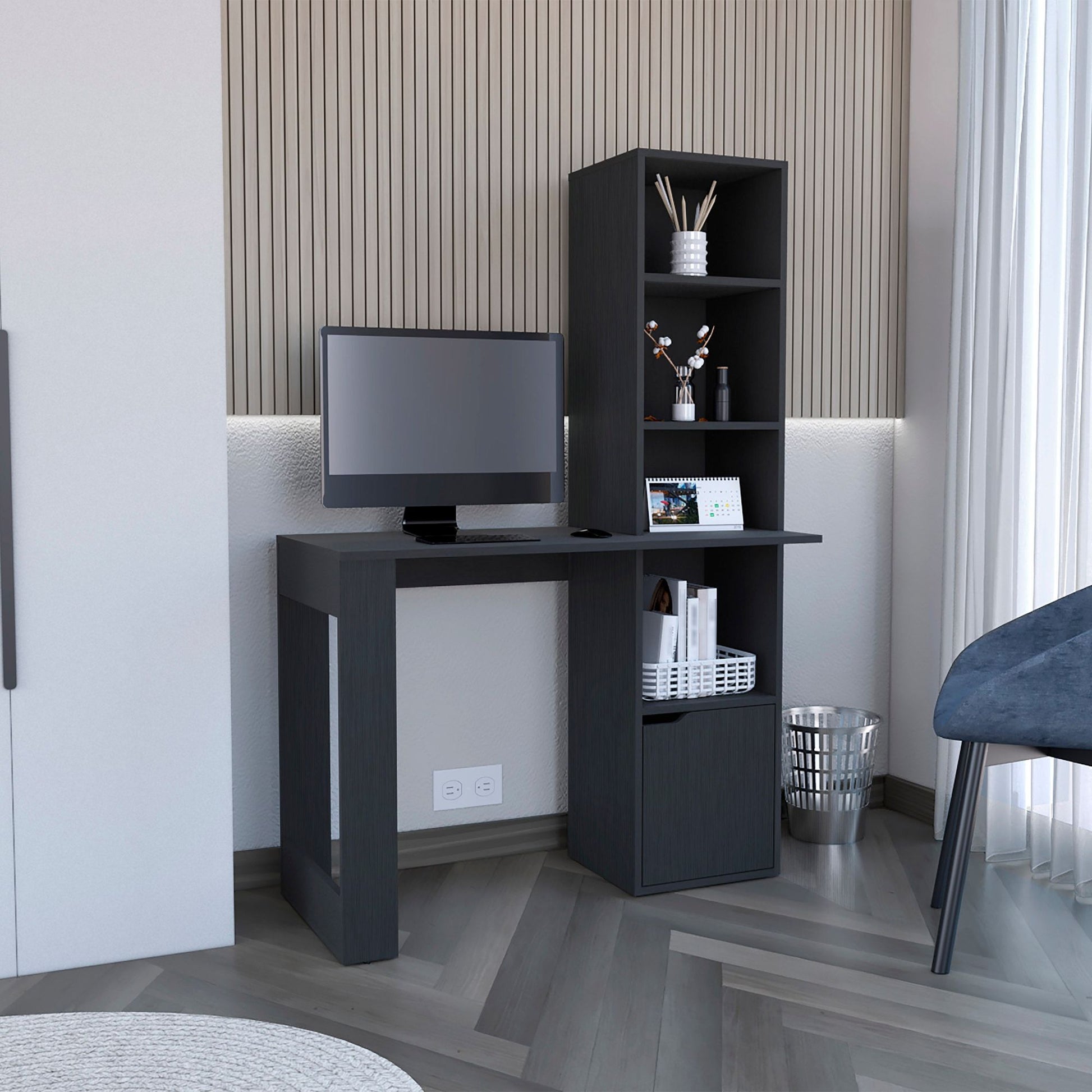 Writing Desk With Bookcase and Cabinet, Black image 1