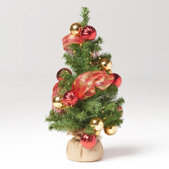 2' Red Gold Burlap Christmas Tree with 50 LED Lights - Battery Operated