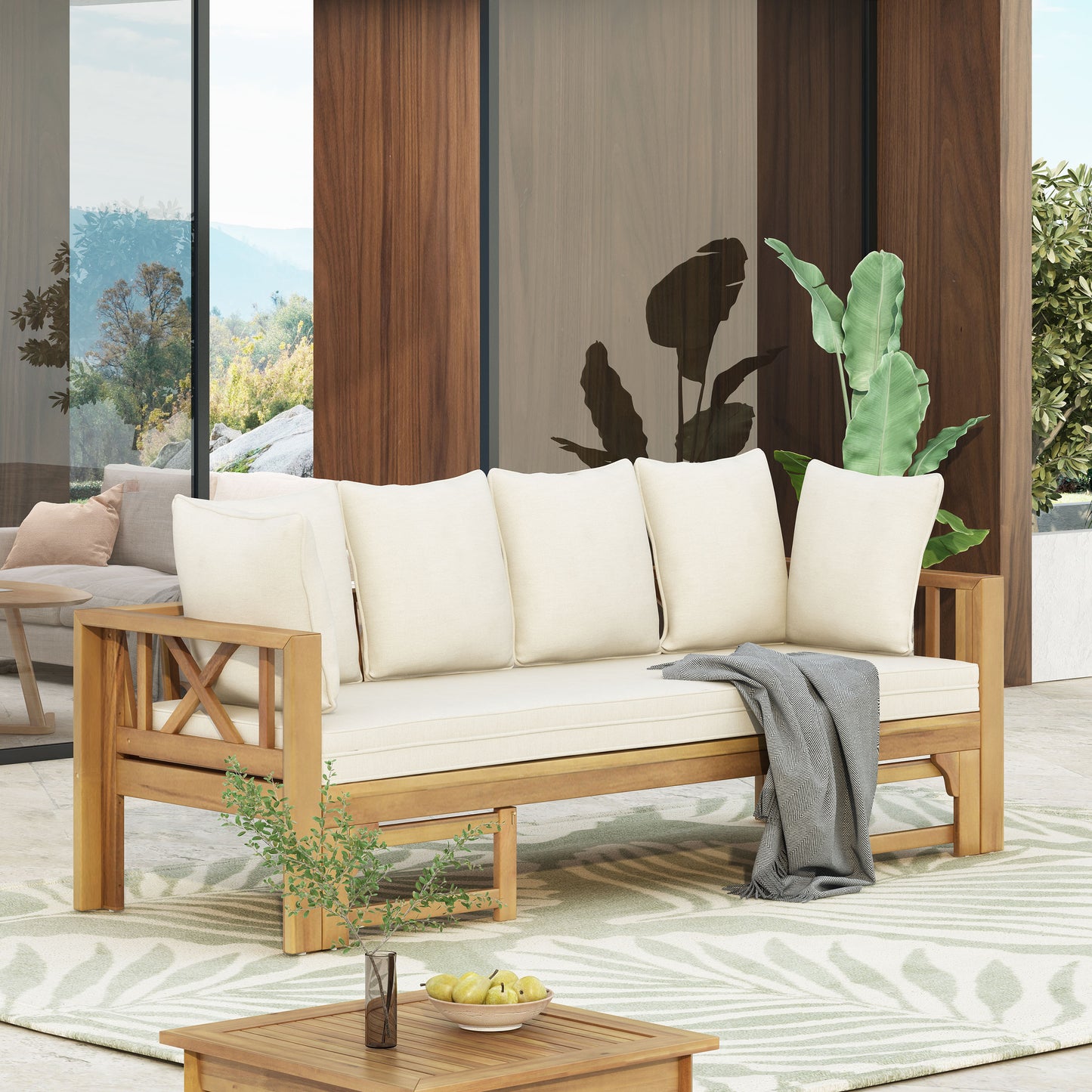 Outdoor Extendable Acacia Wood 3 Seater Sofa, Upholstered Cushion Couch, Daybed Sofa Chair, Spacious Seating Lounge Chair, Patio Daybed Sofa for Garden Yard image 3