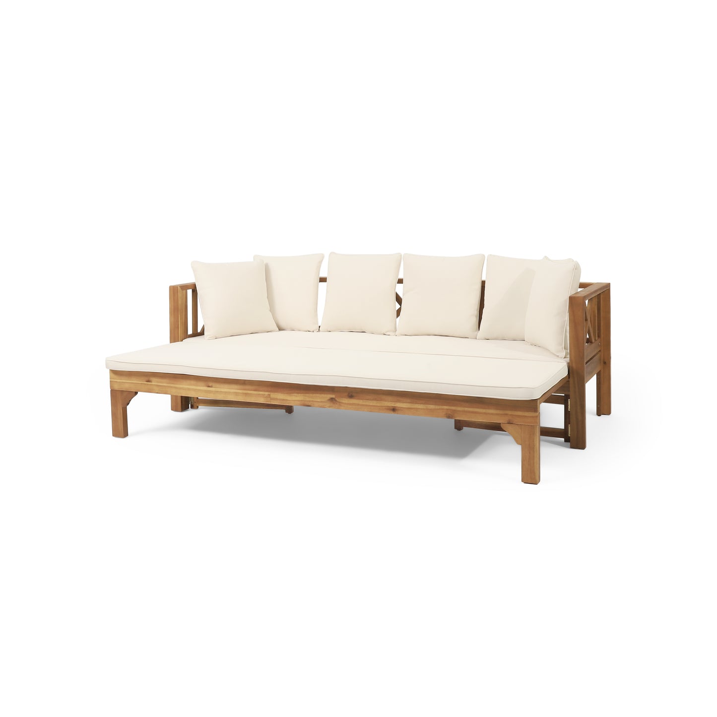 Outdoor Extendable Acacia Wood 3 Seater Sofa, Upholstered Cushion Couch, Daybed Sofa Chair, Spacious Seating Lounge Chair, Patio Daybed Sofa for Garden Yard image 7