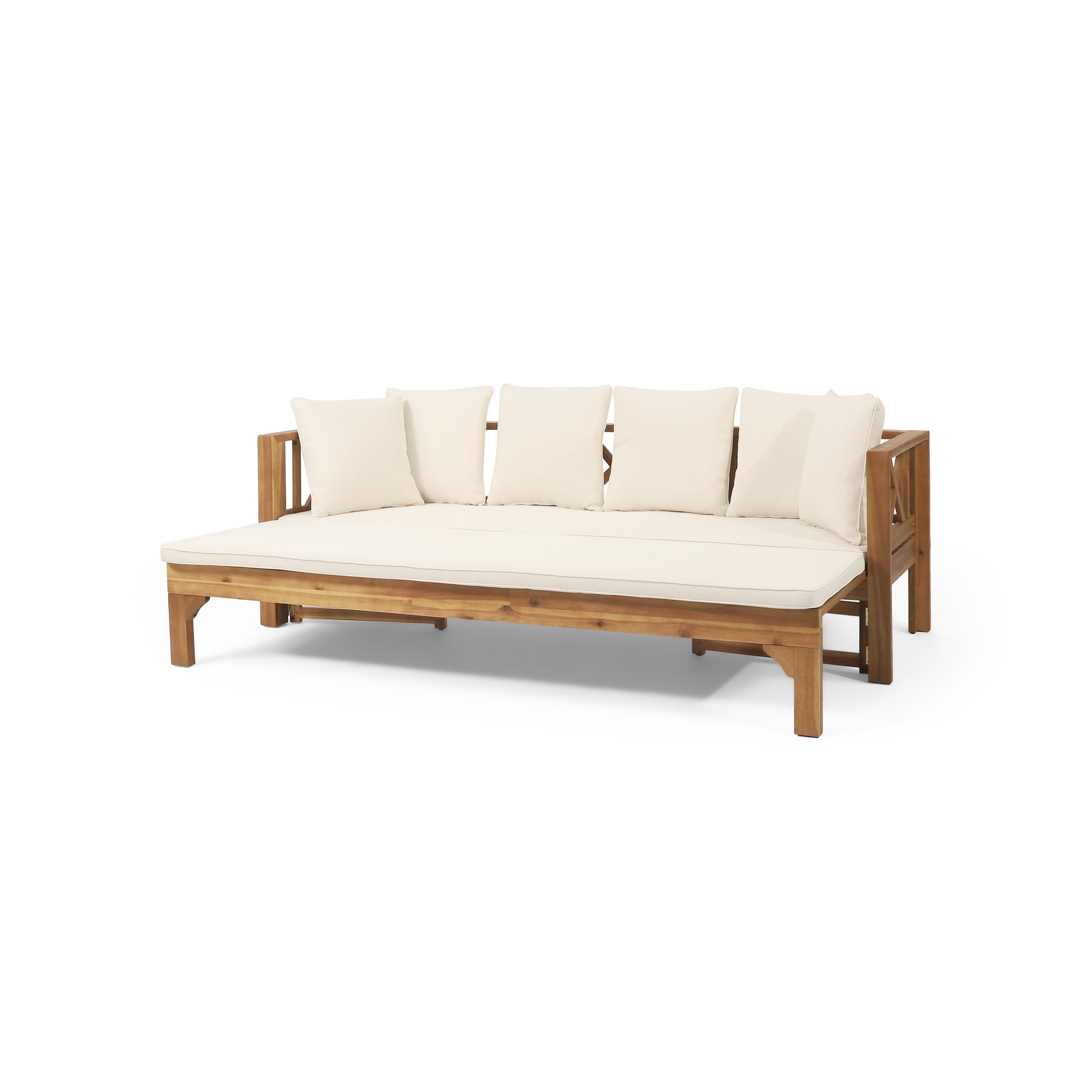 Outdoor Extendable Acacia Wood 3 Seater Sofa, Upholstered Cushion Couch, Daybed Sofa Chair, Spacious Seating Lounge Chair, Patio Daybed Sofa for Garden Yard image 7