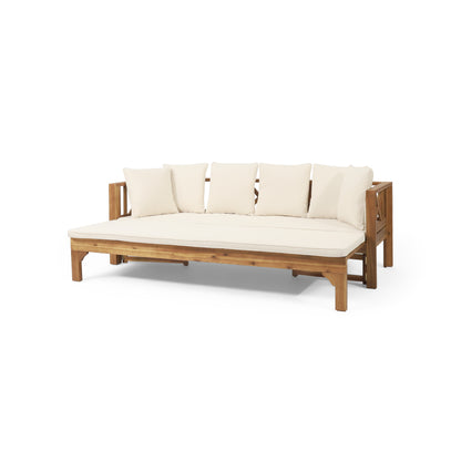 Outdoor Extendable Acacia Wood 3 Seater Sofa, Upholstered Cushion Couch, Daybed Sofa Chair, Spacious Seating Lounge Chair, Patio Daybed Sofa for Garden Yard image 7