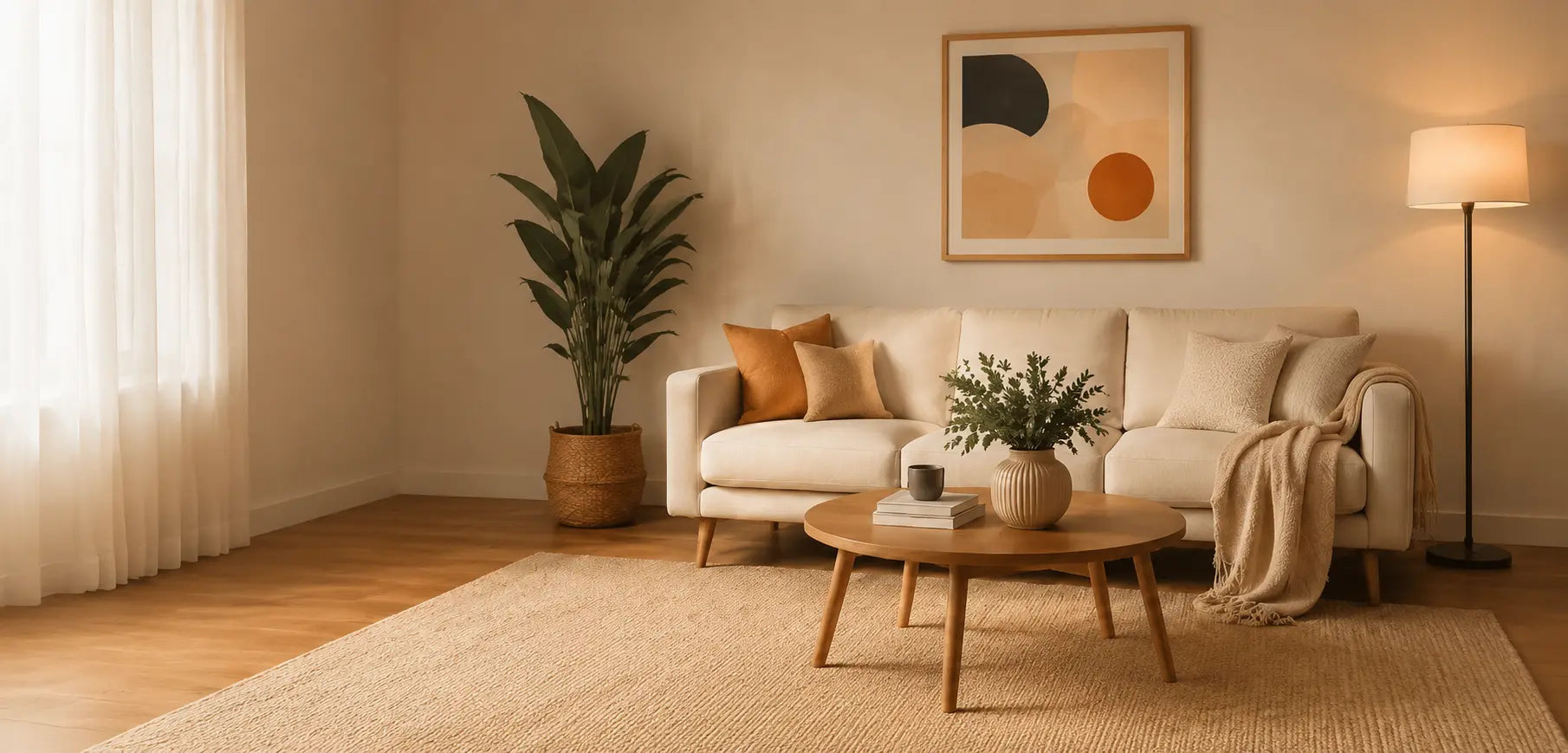 Warm living room scene with sofa, coffee table, and floor lamp